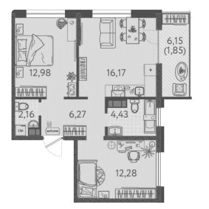 Схема планировки 2-комнатной квартиры 56,14 м² в ЖК Друзья