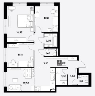 Схема планировки 3-комнатной квартиры 82,81 м² в ЖК Самолет