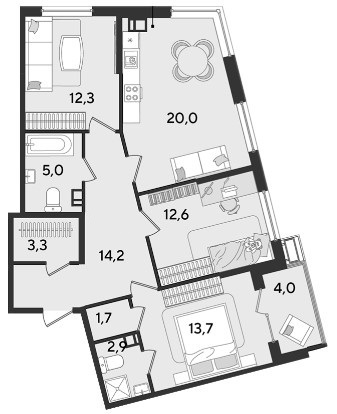 Схема планировки 3-комнатной квартиры 89,5 м² в ЖК Парк Победы