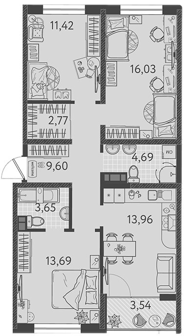 Схема планировки 3-комнатной квартиры 77,58 м² в ЖК Друзья