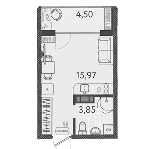 Схема планировки студии 24,32 м² в ЖК Друзья