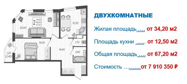 Схема планировки 2-комнатной квартиры 67,2 м² в ЖК Зеленодар