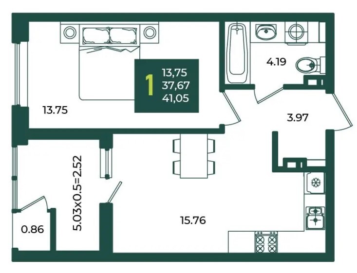 Схема планировки 1-комнатной квартиры 41,05 м² в ЖК Любимово