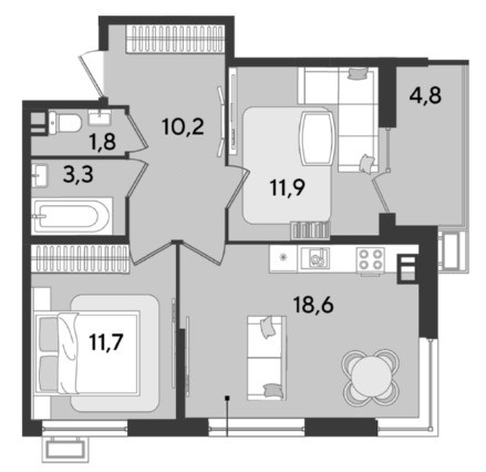 Схема планировки 2-комнатной квартиры 62,3 м² в ЖК Парк Победы
