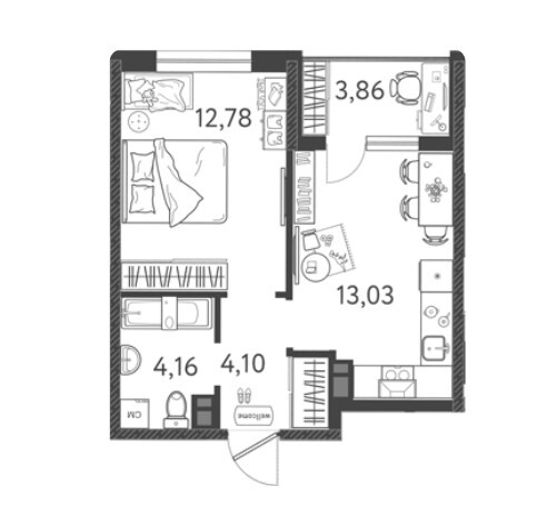 Схема планировки 1-комнатной квартиры 37,93 м² в ЖК Друзья