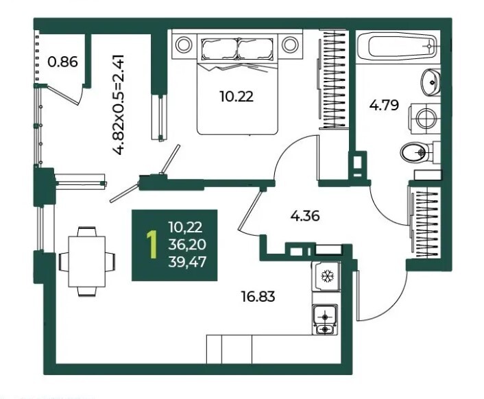 Схема планировки 1-комнатной квартиры 39,47 м² в ЖК Любимово