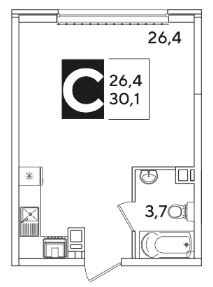 Схема планировки студии 30,1 м² в ЖК Самолет