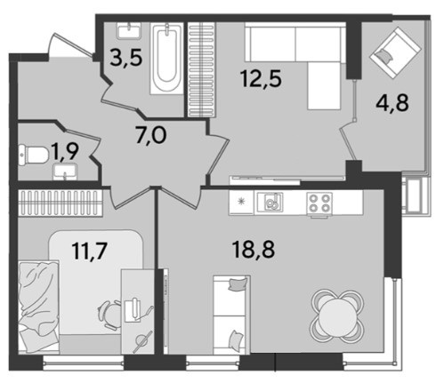 Схема планировки 2-комнатной квартиры 60,2 м² в ЖК Парк Победы