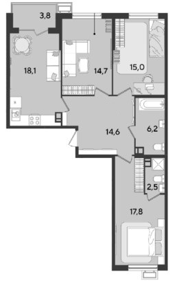 Схема планировки 3-комнатной квартиры 92,7 м² в ЖК Парк Победы