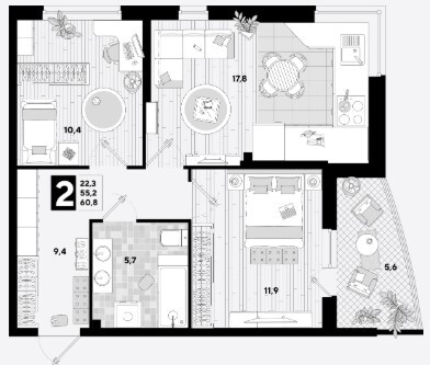 Схема планировки 2-комнатной квартиры 60,8 м² в ЖК Самолет