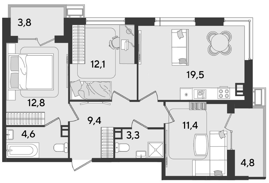Схема планировки 3-комнатной квартиры 81,7 м² в ЖК Парк Победы