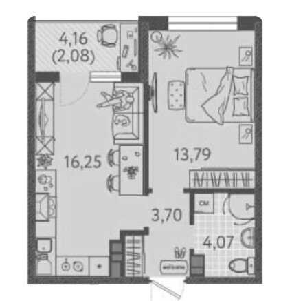 Схема планировки 1-комнатной квартиры 41,97 м² в ЖК Друзья