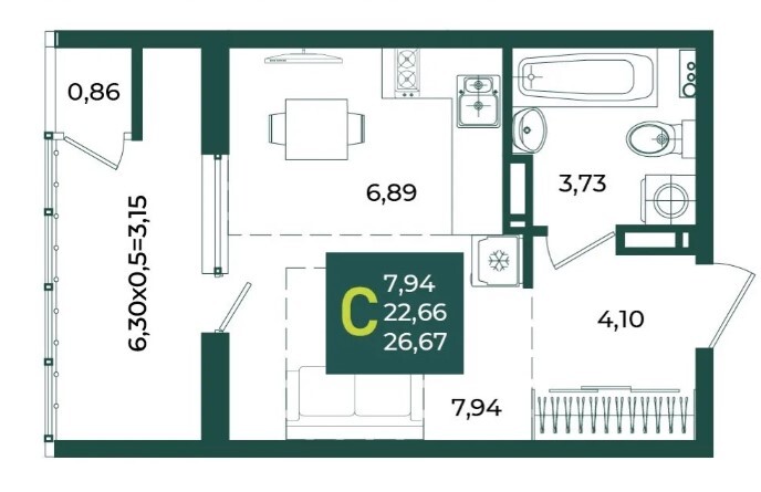 Схема планировки студии 26,67 м² в ЖК Любимово