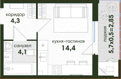 Схема планировки студии 25,65 м² в ЖК Любимово