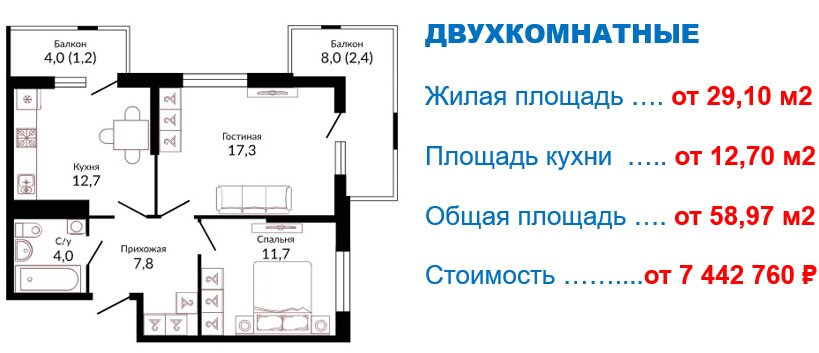 Схема планировки 2-комнатной квартиры 58,97 м² в ЖК Отражение