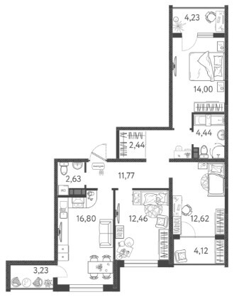 Схема планировки 3-комнатной квартиры 82,36 м² в ЖК Друзья