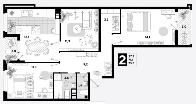 Схема планировки 3-комнатной квартиры 73,5 м² в ЖК Самолет