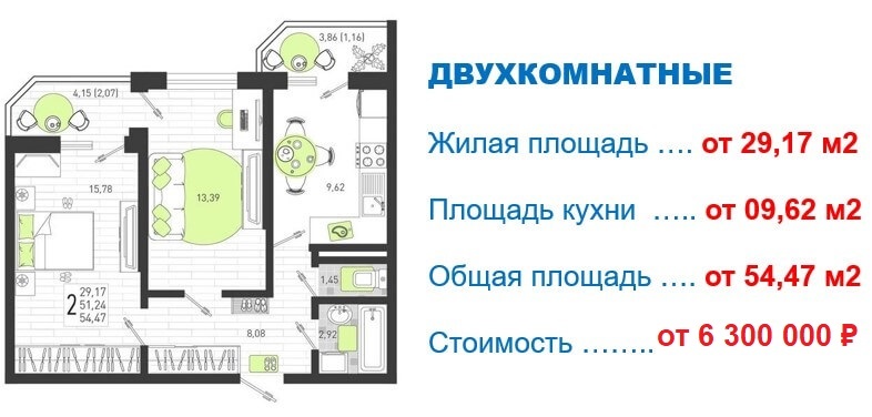 Схема планировки 2-комнатной квартиры 54,47 м² в ЖК Огурцы