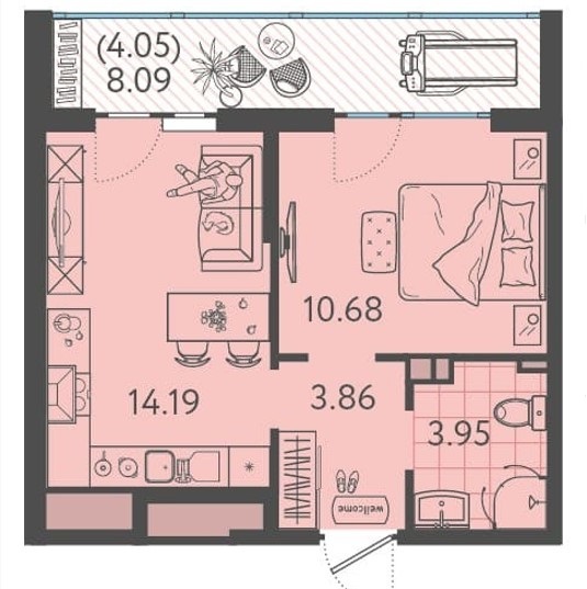 Схема планировки 1-комнатной квартиры 40,93 м² в ЖК Друзья