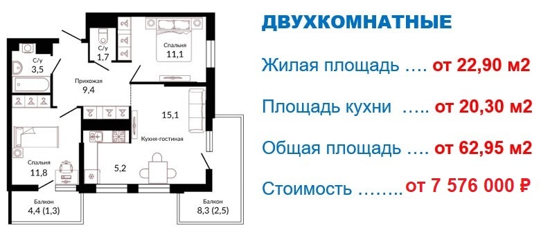 Схема планировки 2-комнатной квартиры 62,95 м² в ЖК Отражение
