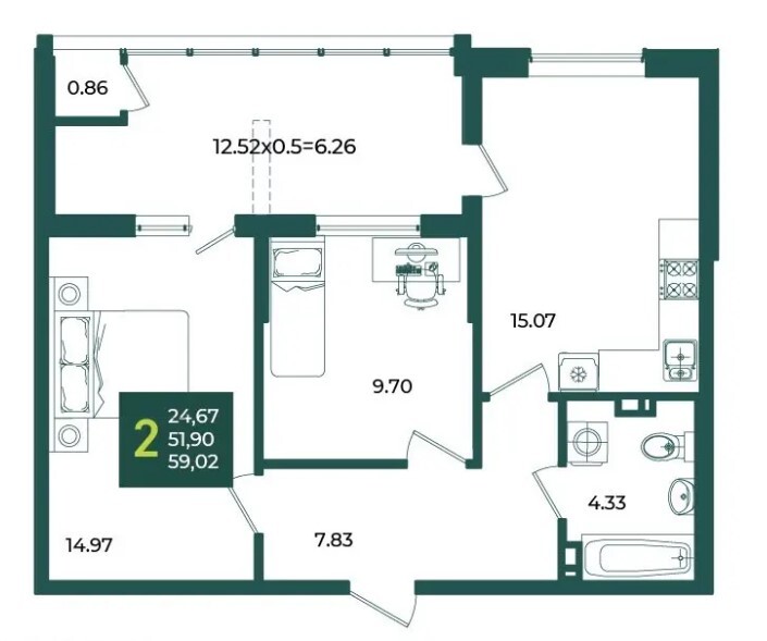 Схема планировки 2-комнатной квартиры 59,02 м² в ЖК Любимово