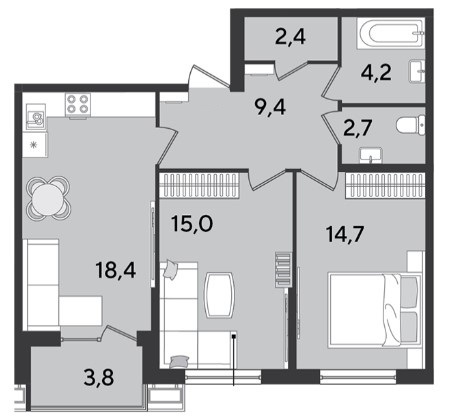Схема планировки 2-комнатной квартиры 70,6 м² в ЖК Парк Победы