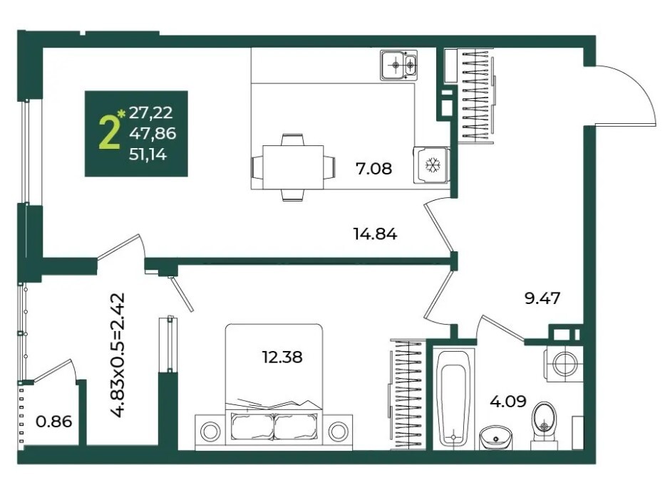 Схема планировки 1-комнатной квартиры 51,14 м² в ЖК Любимово