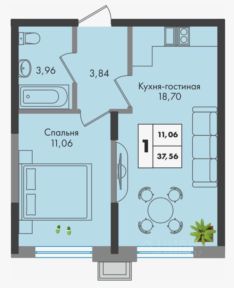 Схема планировки 1-комнатной квартиры 37,56 м² в ЖК Народные кварталы