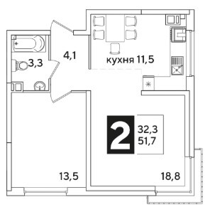 Схема планировки 2-комнатной квартиры 51,7 м² в ЖК Самолет