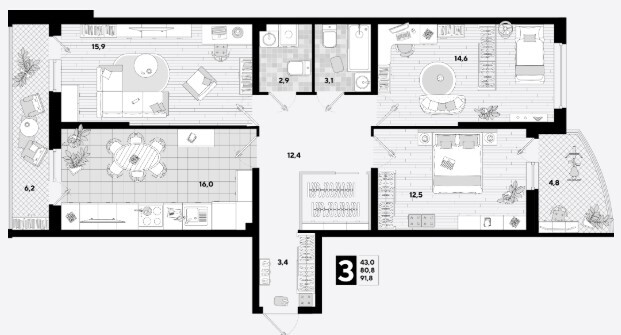Схема планировки 3-комнатной квартиры 91,43 м² в ЖК Самолет