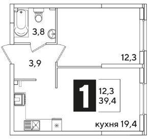 Схема планировки 1-комнатной квартиры 39,4 м² в ЖК Самолет