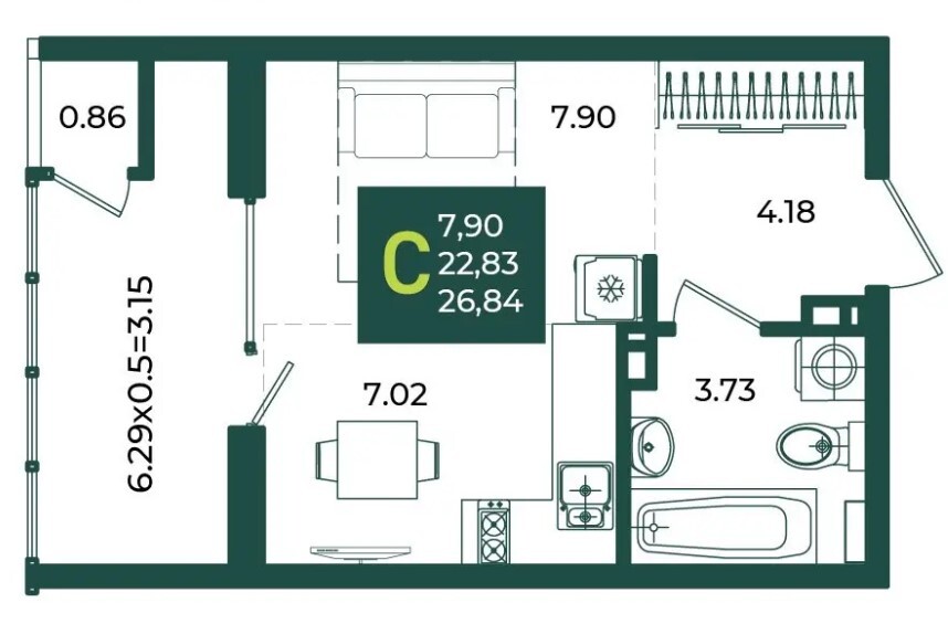 Схема планировки студии 26,84 м² в ЖК Любимово