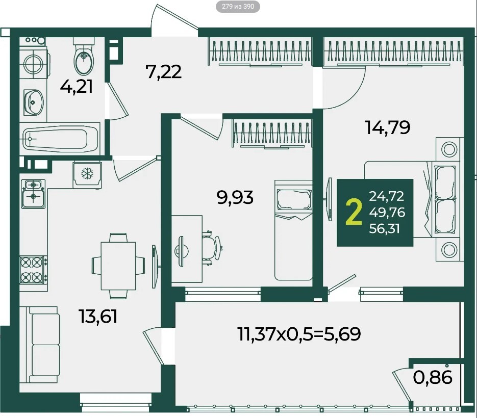 Схема планировки 2-комнатной квартиры 56,31 м² в ЖК Любимово