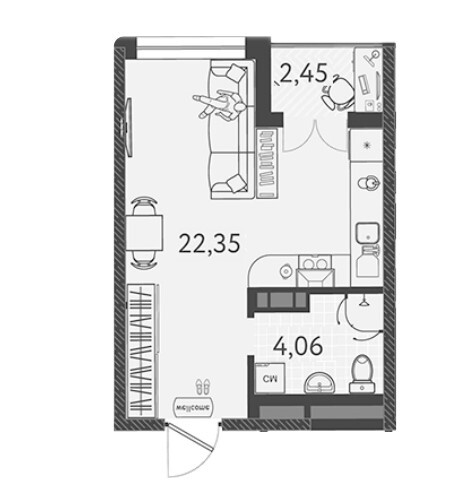 Схема планировки студии 28,86 м² в ЖК Друзья