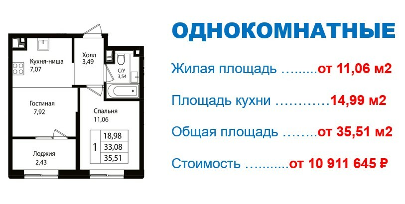 Схема планировки 1-комнатной квартиры 35,51 м² в ЖК Патрики