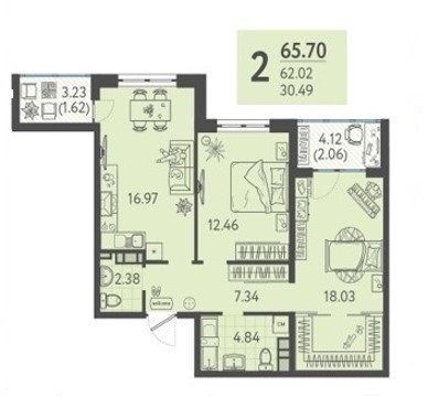 Схема планировки 2-комнатной квартиры 65,7 м² в ЖК Друзья