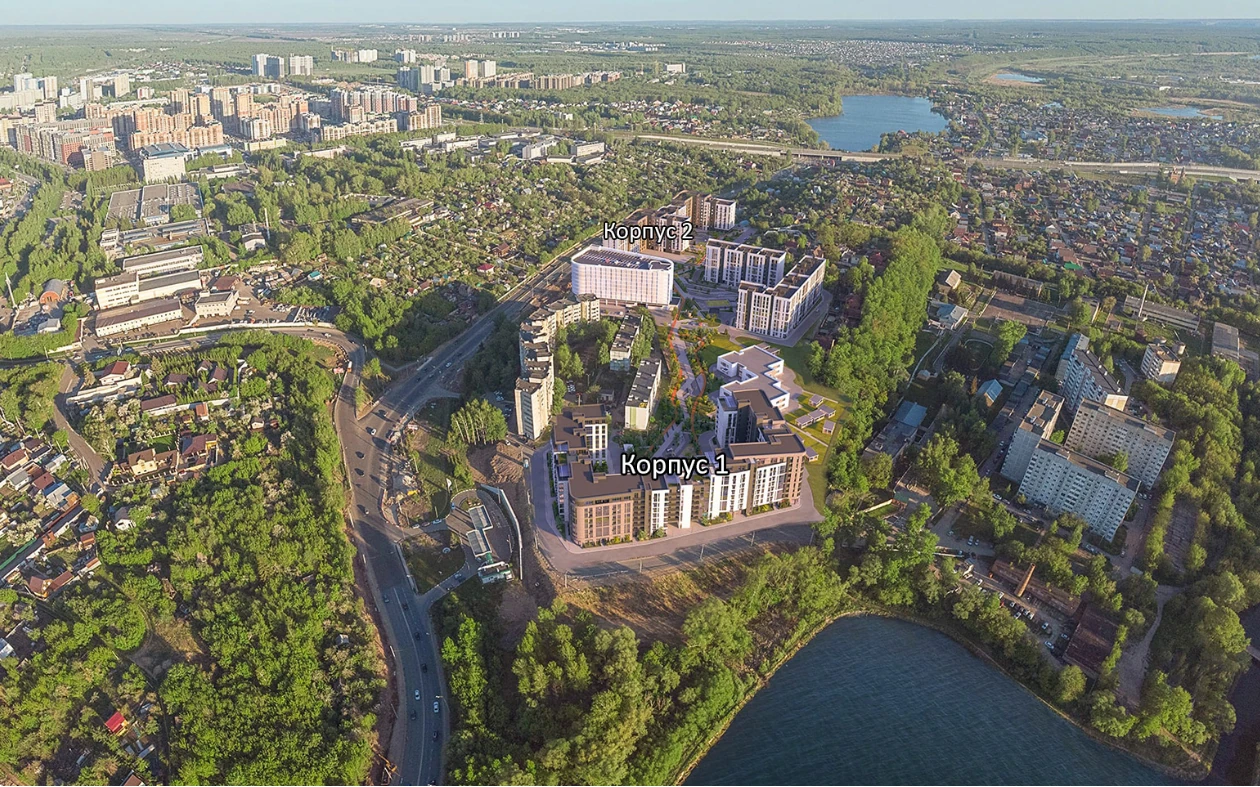 Расположение жилого квартала среди городской застройки и водоёмов ЖК Патрики, Краснодар